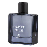 Vierkante blauwe parfumfles met zwarte dop van Parfum Cadet Blue